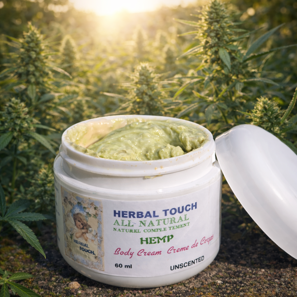 Natural hemp body cream among cannabis blooms